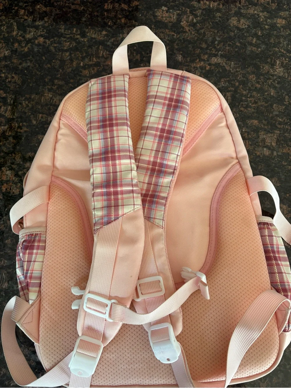 Kawaii Backpack Pink Kids Backpack with Plaid Accents and Cute Character Design